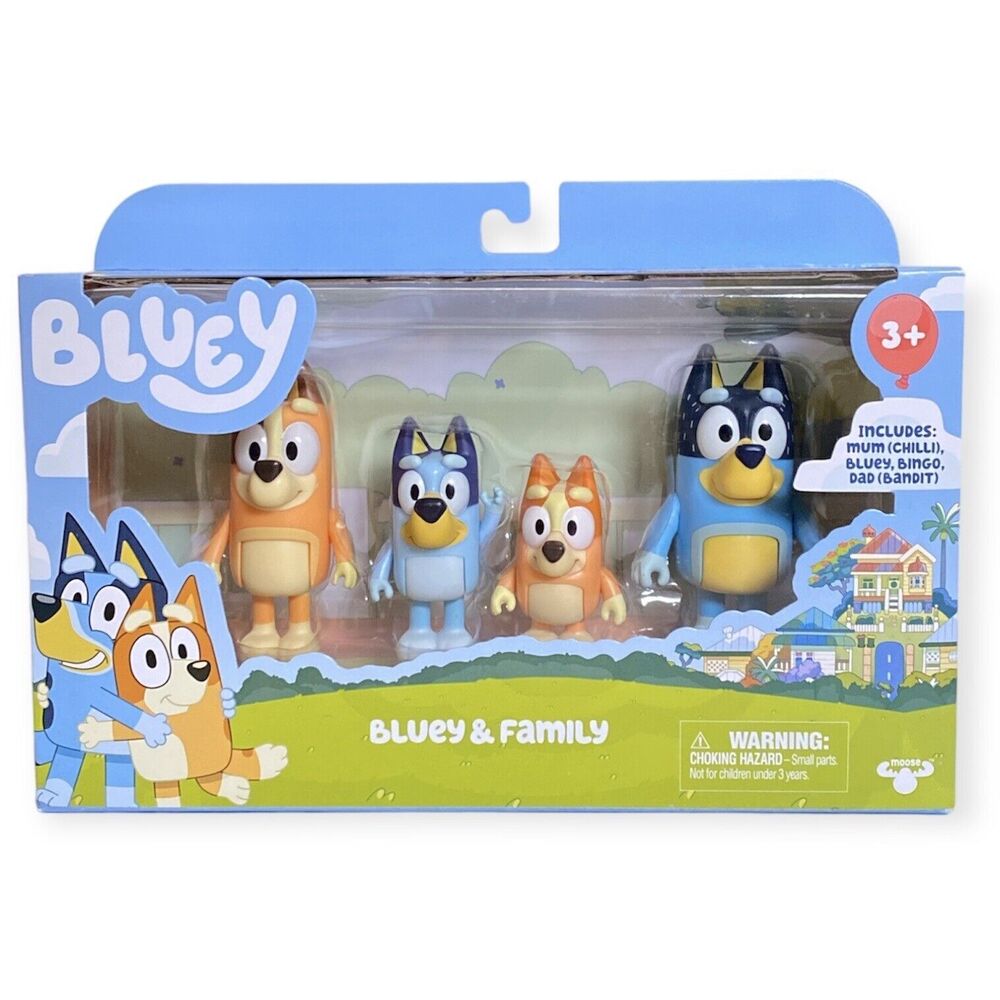 BLUEY & Family 4 Pack Figure Set w/ Bluey, Bingo, Bandit, Chilli Heeler NEW